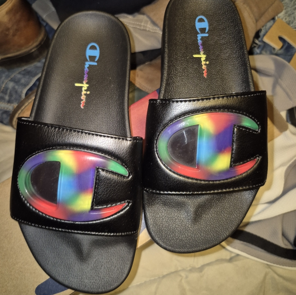 Nib Champion IPO Jellie Black Multi Rainbow Logo Slides Sandals Womens Size 6